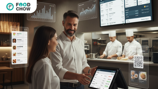 Restaurant owner reviewing operational data and digital workflows at the counter while kitchen staff work in the background