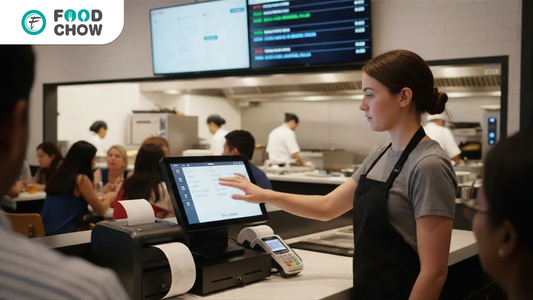 Restaurant staff using POS hardware with touchscreen, printer, and payment terminal to process orders quickly and accurately