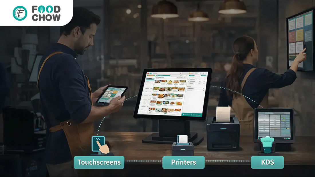 FoodChow restaurant POS system featuring touchscreens, receipt printers, and a Kitchen Display System (KDS) for streamlined kitchen management.