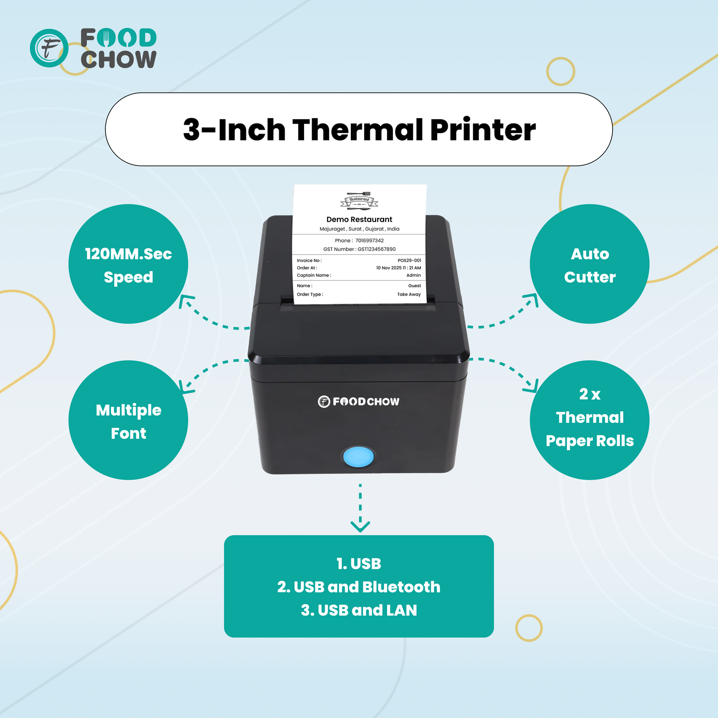 3-Inch Thermal Receipt Printer (Bluetooth + USB + Ethernet) | Auto Cutter + Free Restaurant Software