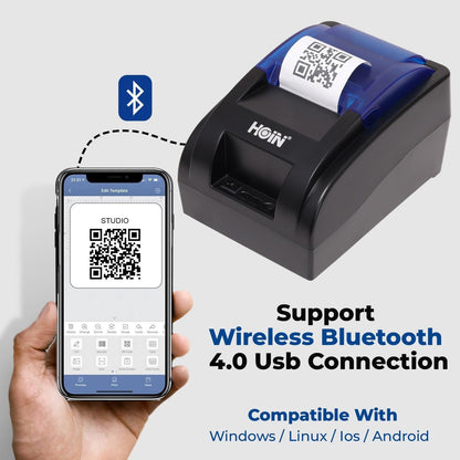 HOIN 58MM (2 Inch) Bluetooth USB Thermal Receipt Printer + 1 Year Foodchow Pos Billing Software for Restaurants | Compatible with ESC/POS Print Billing Invoice | Mobile Printing - (No Battery Backup) 1 Year Warranty