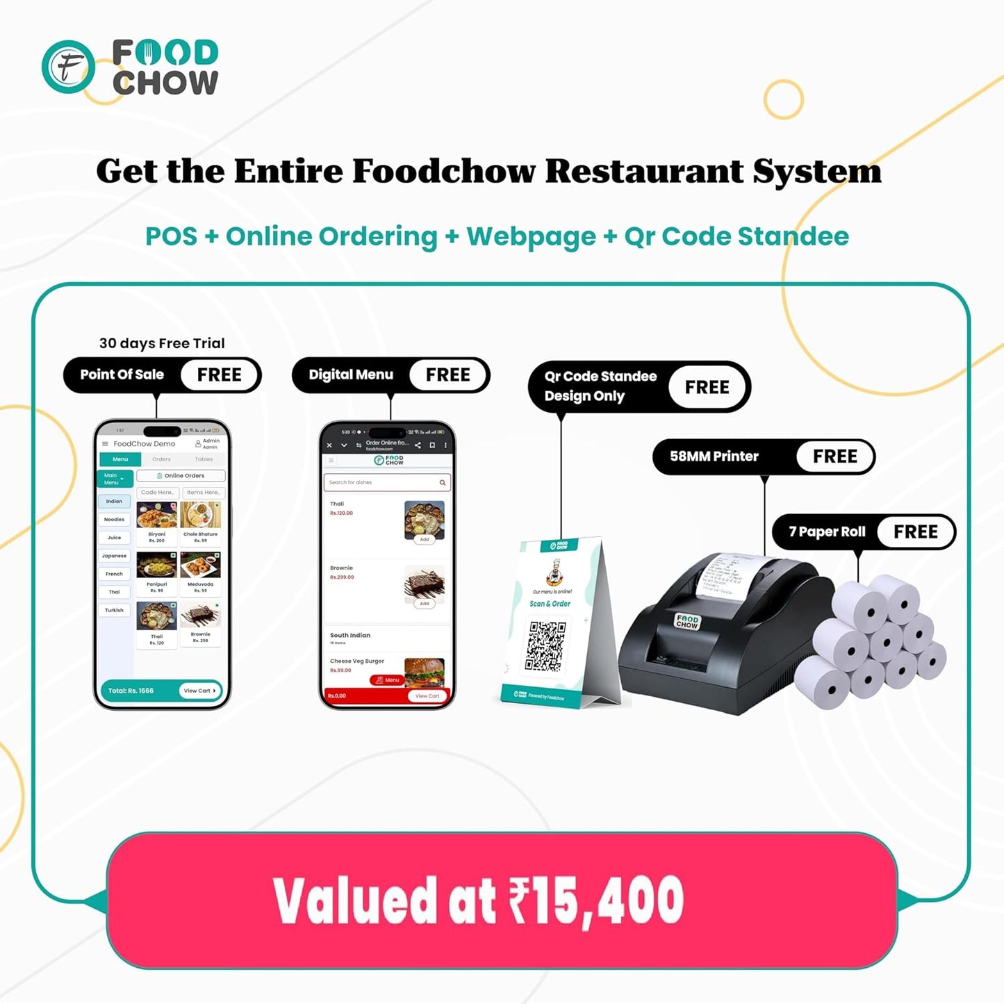 FoodChow All-in-One POS Billing System | 1-Year Free Software License for Restaurants, Cafes, Shops | USB + Bluetooth with QR Code Design, Digital Menu, 7 Rolls, POS Website Billing Machine